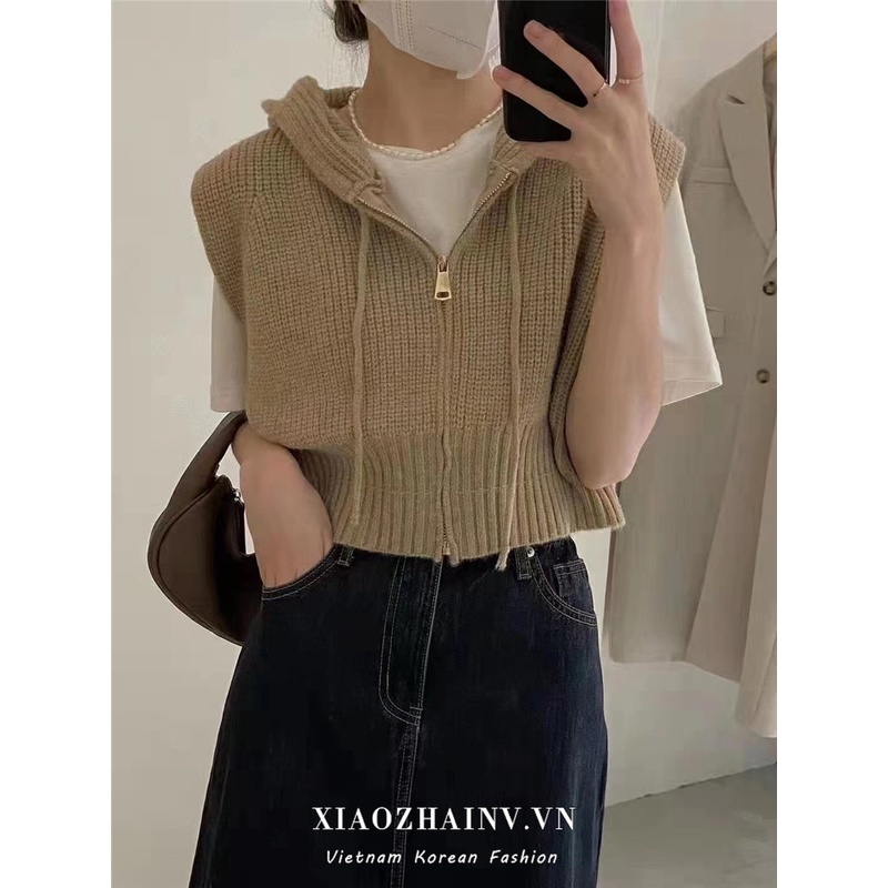 Áo khoác dệt kim XIAOZHAINV sát nách có mũ trùm phong cách retro Hàn Quốc thời trang 3 màu tùy chọn
