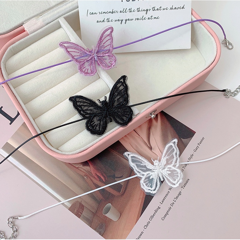 Vòng cổ dây chuyền choker nữ vải ren mặt hồ điệp nhiều màu phong cách hàn quốc cá tính