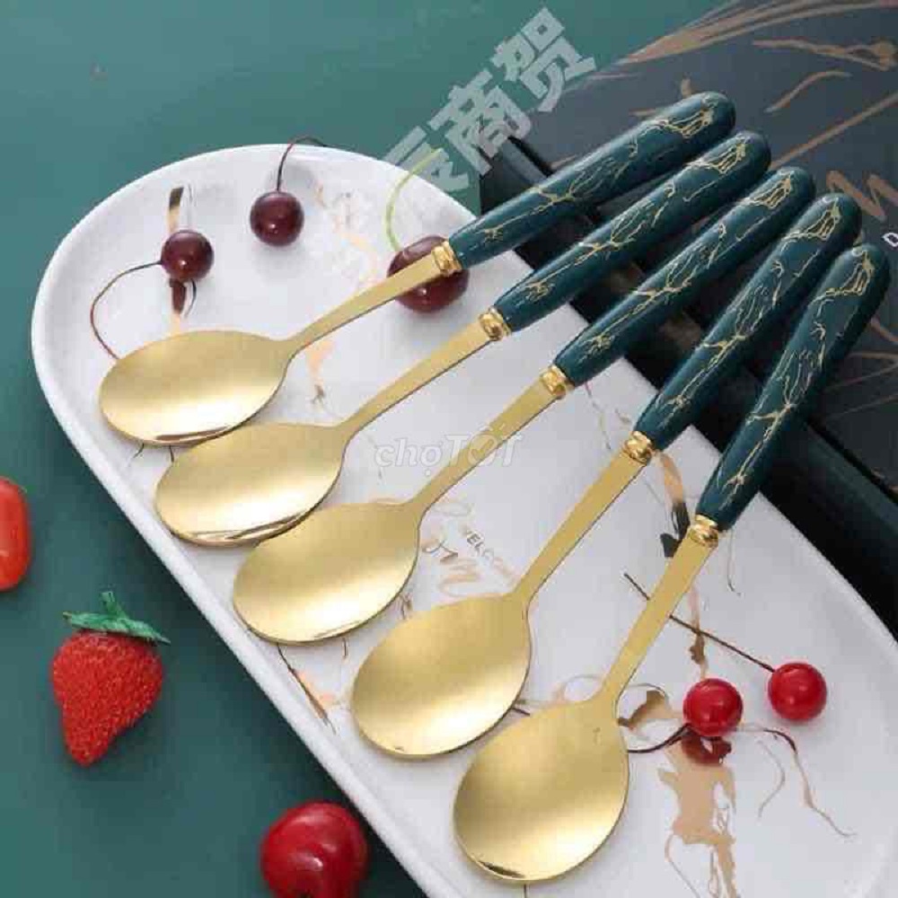 (Bộ 6) Thìa Inox Mạ Vàng, Chuôi Vân Đá Sang Trọng 17cm, kèm hộp. KM 20115