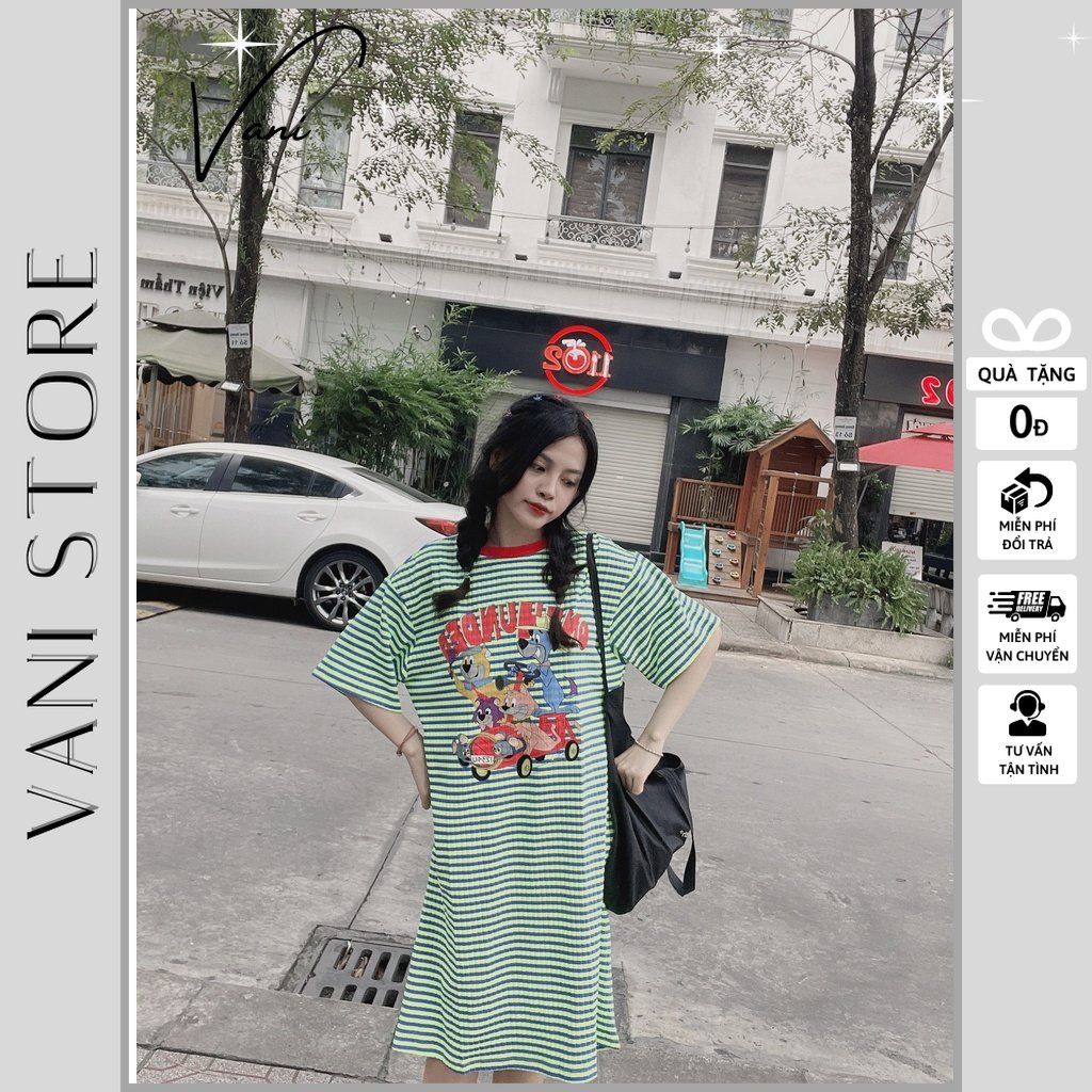 Đầm Xuông Xanh In Hình - Đầm Xuông Chữ A Kẻ Sọc Chất Đẹp Thoải Mái