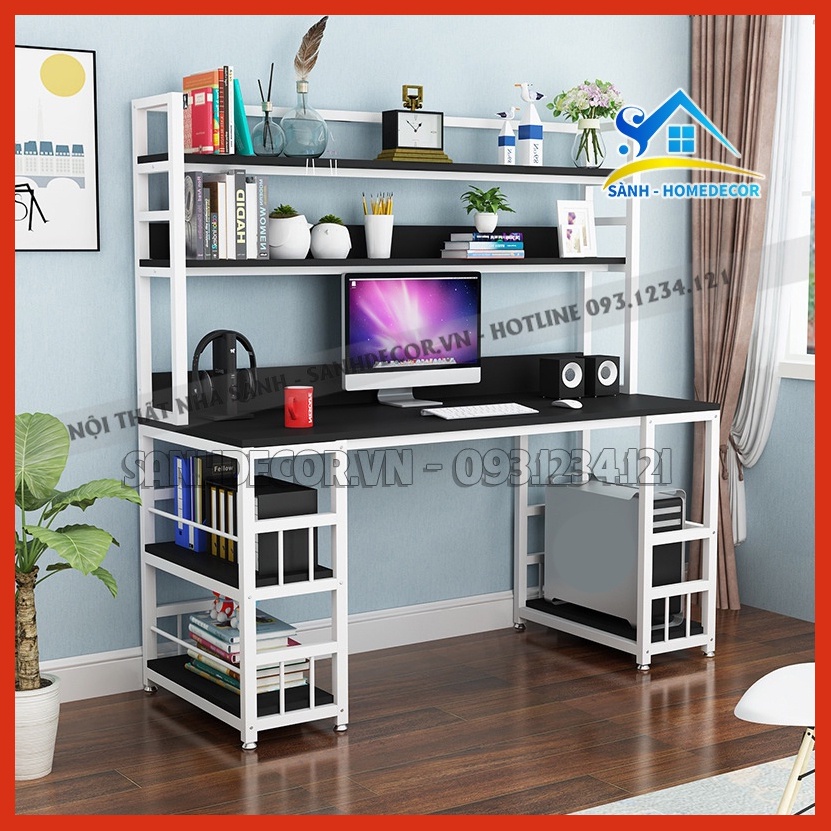 Bàn làm việc thông minh kèm kệ sách BLV124 có tầng kệ để CPU đa năng, bàn học cho bé gỗ An Cường cao cấp nhà Sành