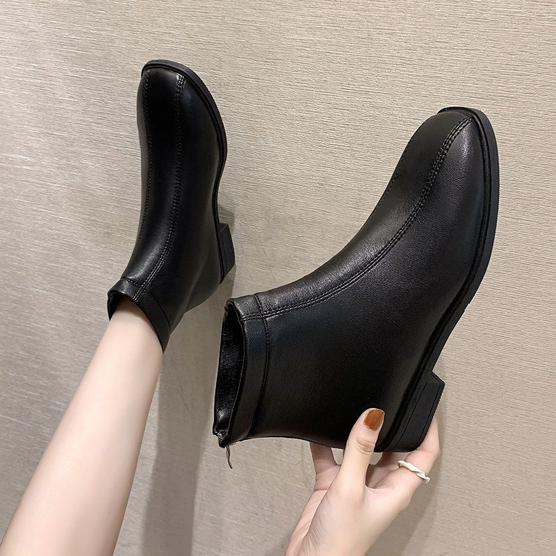 Giày Bốt Mũi Vuông Phối Khóa Kéo Sau Lưng Phong Cách Anh Quốc Cá Tính Cho Nữ