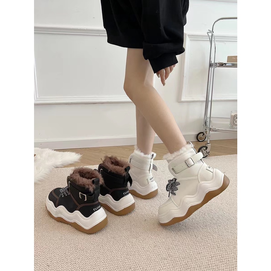 Giày Bốt Đi Tuyết Da Lót Lông Cừu Dày 5CM Cột Dây Màu Trắng / Đen Ấm Áp Thời Trang Mùa Đông 2022