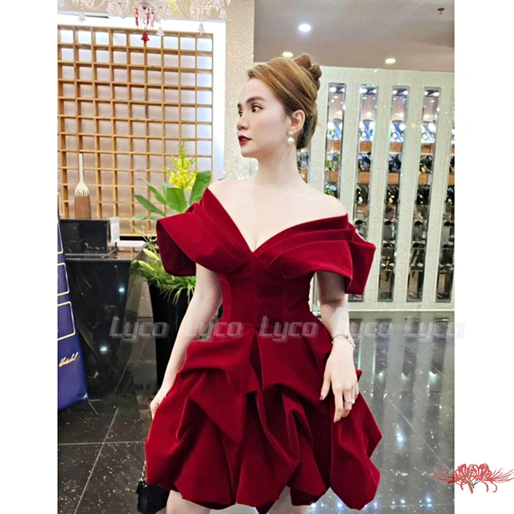 Đầm nhung đỏ trễ vai cánh tiên chân váy bồng bềnh dáng tiểu thư Lyco đẹp bất tận chuyên hàng thiết kế wendy