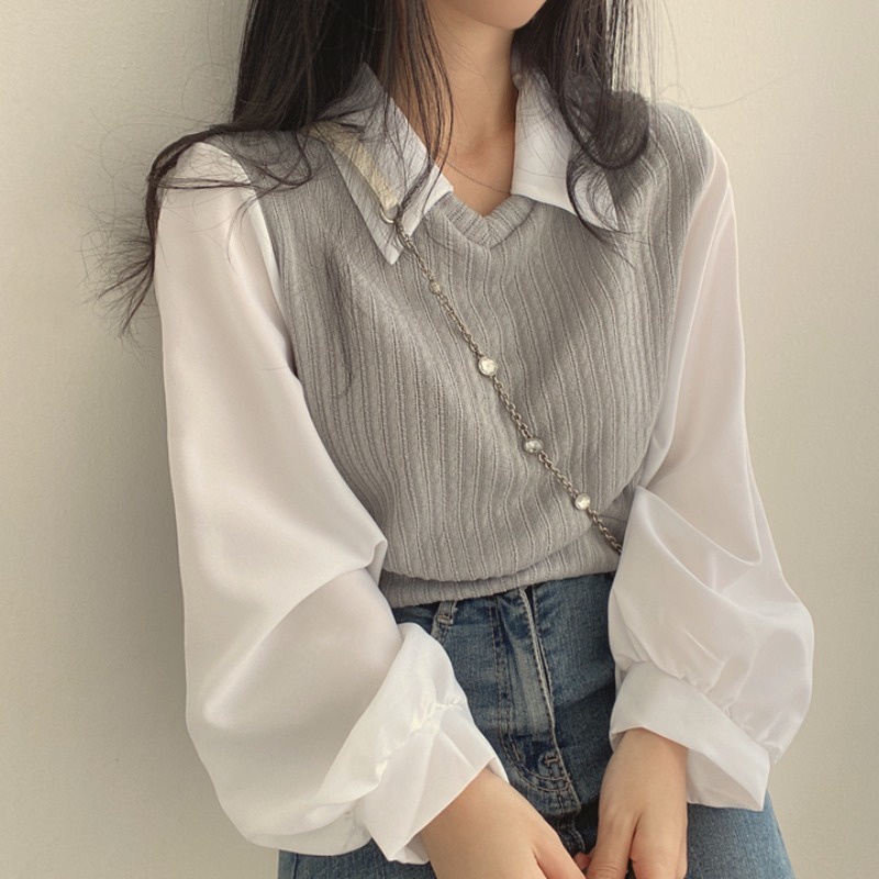 Áo Sơ Mi Giả Hai Lớp Tay Phồng Phong Cách Pháp Thời Trang Cho Nữ