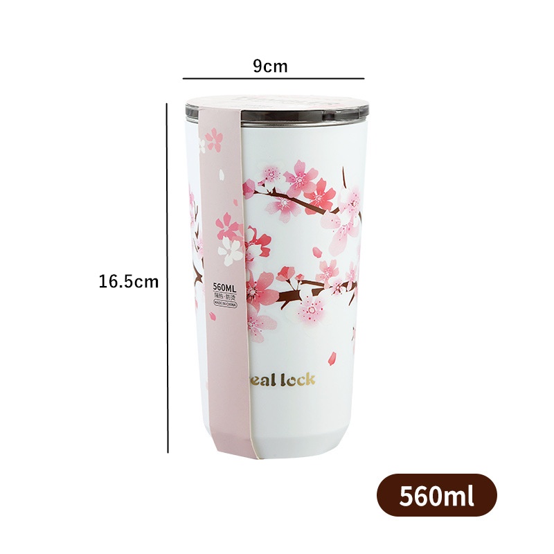 Cốc Uống Nước Giữ Nhiệt Bằng Thép Không Gỉ Hai Lớp Có Nắp Hình Hoa Anh Đào