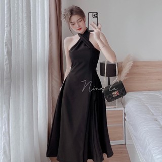 ĐẦM ĐI TIỆC CỔ YẾM DÁNG XOÈ DÀI QUA GỐI TÙNG VÁY XẾP LY (ẢNH THẬT)