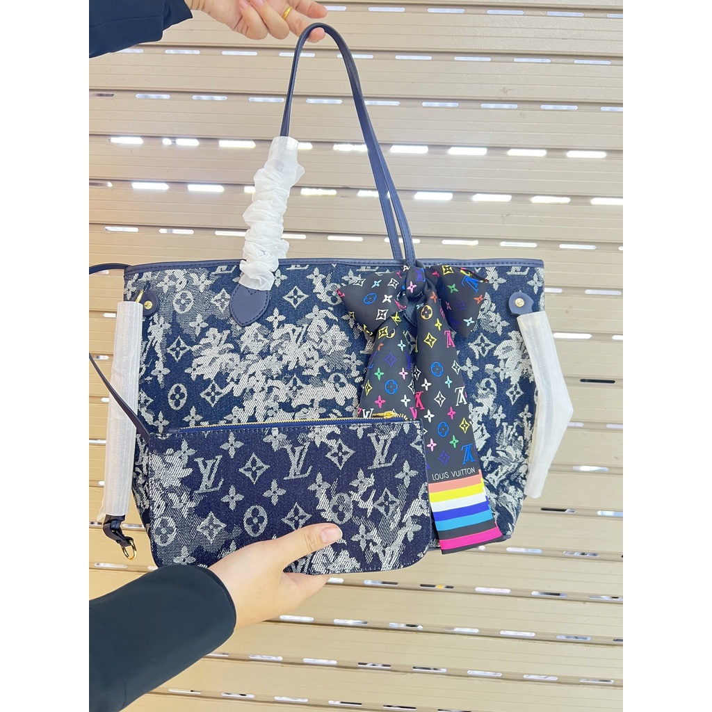 Bộ túi LV Tote Neverfull họa tiết hoa thời trang cao cấp, xanh than, size (32x30x44) kèm ví