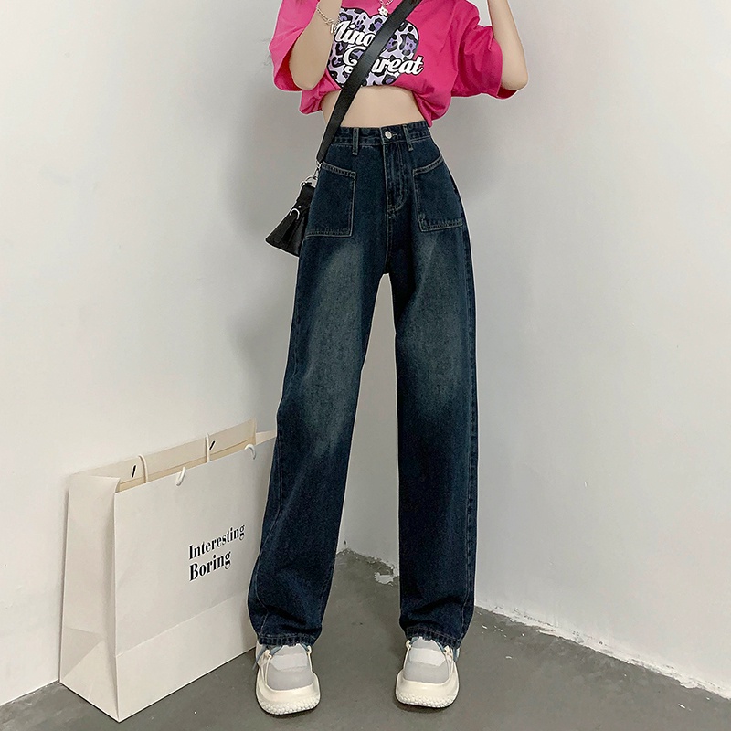 Quần jean dài SUXI ống rộng lưng cao thời trang Hàn Quốc cá tính cho nữ