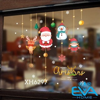 Decal dán tường dán kính họa tiết dây treo ông già noel người tuyết và tuần lộc trang trí giáng sinh xh6297 / noel