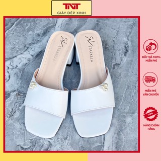 Guốc gót cao 3cm đế vuông giày cao gót hở mũi quai đính ngọc da cao cấp tnt25
