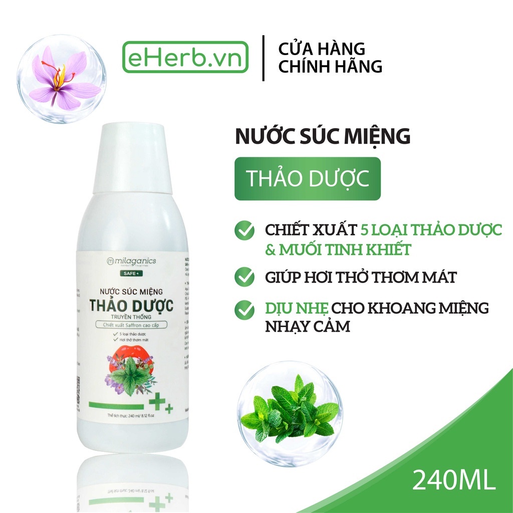 Nước súc miệng thảo dược MILAGANICS kết hợp 5 loại dược thảo hỗ trợ vệ sinh răng miệng, hơi thở thơm mát (240ml/chai)