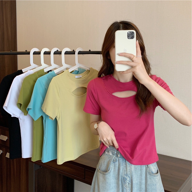 Áo Thun Tay Ngắn Cổ Tròn Màu Sắc Đơn Giản Cho Nữ