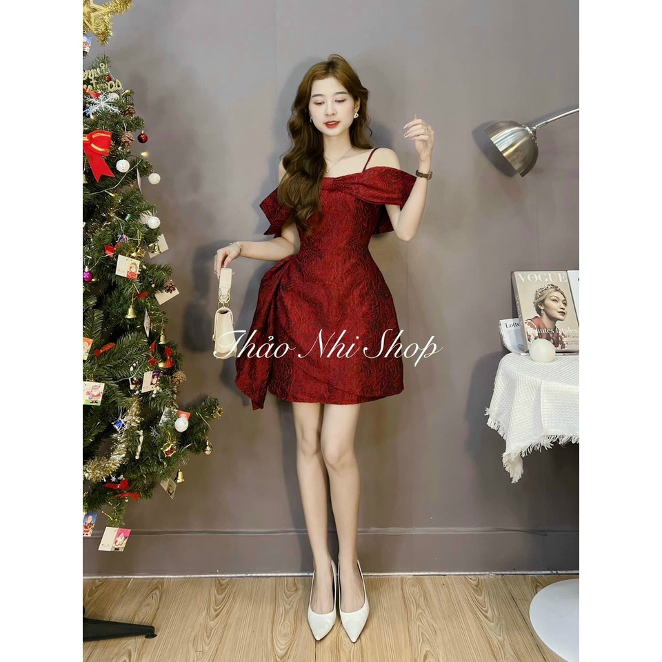 [12.12 Sales Freeship] Đầm gấm nổi 2 dây trễ vai phối nơ mặc đi cưới, đầm đắp chéo bẹt vai dáng xòe sang chảnh dx