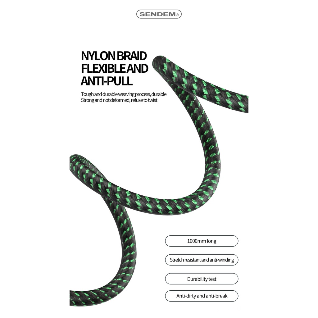 Cáp dữ liệu Sendem T10 6A bọc dù có đèn thở Chân Micro TypeC Trái Táo