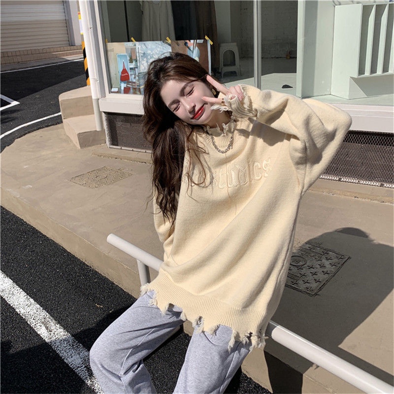 Jiashucheng Áo Sweater Cổ Lọ Dáng Rộng Thiết Kế Rách Phong Cách Mới Ngọt Ngào Cho Nữ