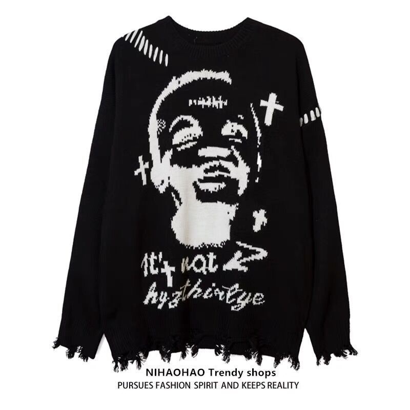 Jiashucheng Áo Sweater Dệt Kim Dáng Rộng Rách Cá Tính