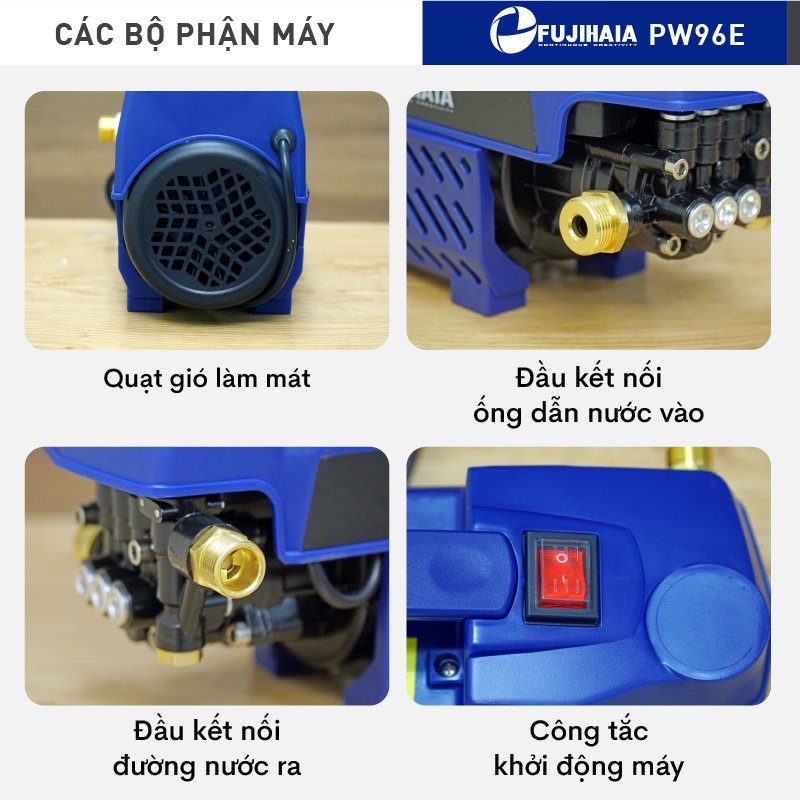 Máy rửa xe mô tơ cảm ứng từ FUJIHAIA PW96E áp lực nước 130bar - Đồng hồ chỉnh áp - Dây phun xịt 20m - Bảo hành 18 tháng