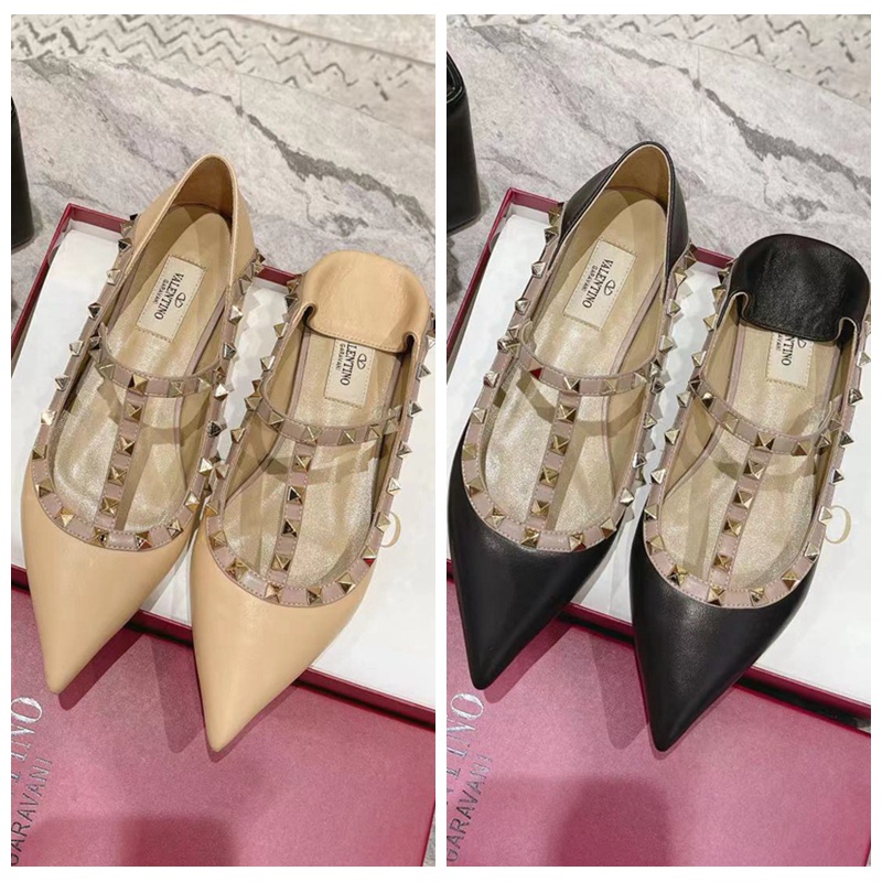 Valentino Giày Búp Bê Mũi Nhọn Đính Đinh Tán Thời Trang Nữ Tính