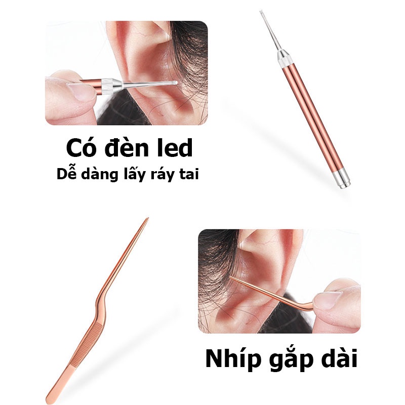 Bộ lấy ráy tai có đèn cho bé và người lớn, dụng cụ vệ sinh tai cao cấp cho gia đình 9 món