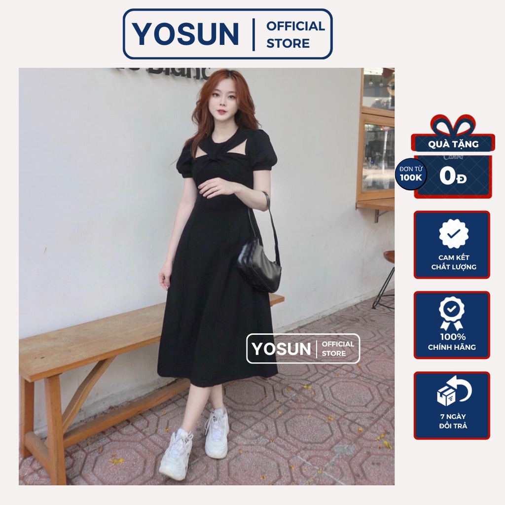 Đầm Nữ Đi Café Chéo Cổ Khoét Vai Quyến Rũ, Đầm Nữ Form Dài Dáng Xòe Màu Đen
