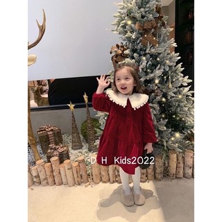 Váy nhung đỏ cổ lông tặng kèm buộc tóc cho bé gái