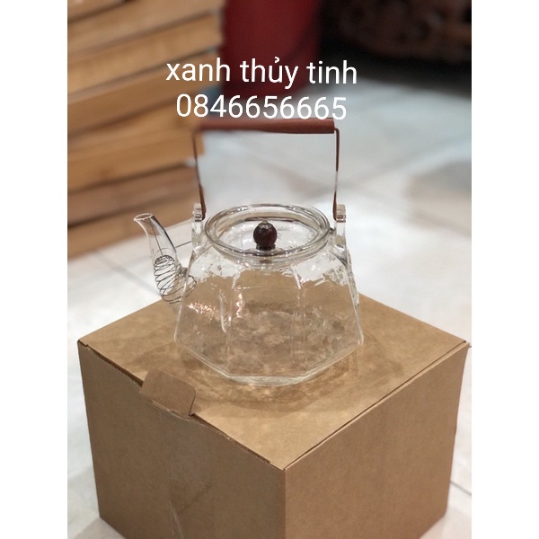 Ấm trà thủy tinh chịu nhiệt cao, ấm lục giác họa tiết 4 mùa, dung tích 900ml - AT40