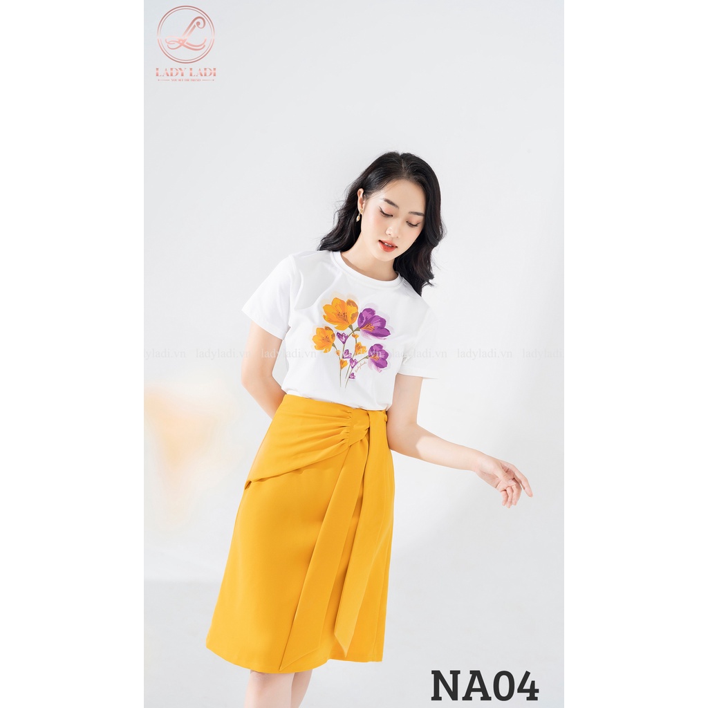 Áo phông áo thun cotton 100%, mềm mát, co giãn nhẹ phối chân váy midi vạt chéo màu vàng thanh lịch NA04, NCV04