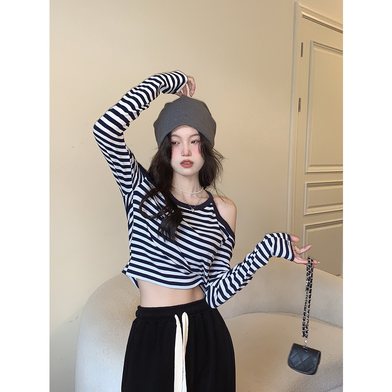 ZHELIHANGFEI Áo Dệt Kim Trễ Vai Tay Dài Hoạ Tiết Kẻ Sọc Thiết Kế Trễ Vai Quyến Rũ