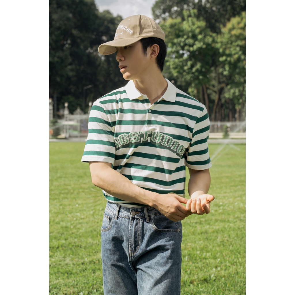 Áo Polo Americus Gosani Phom Thoải Mái Sọc Ngang Màu Xanh Phối Logo Giữa Ngực