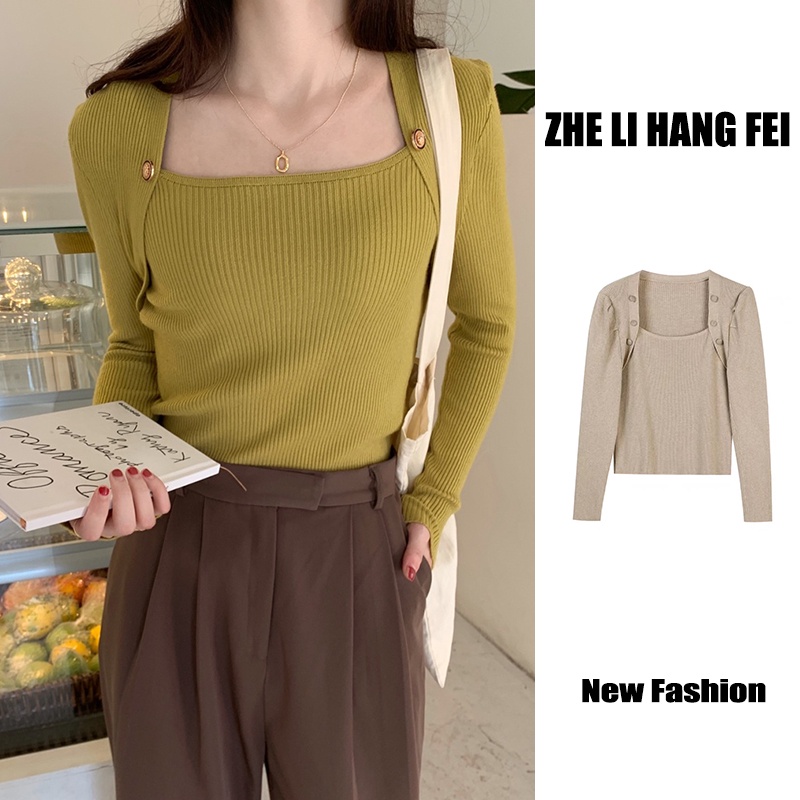 Áo sweater ZHELIHANGFEI tay dài cổ vuông hở xương quai xanh phong cách sang trọng dễ phối đồ