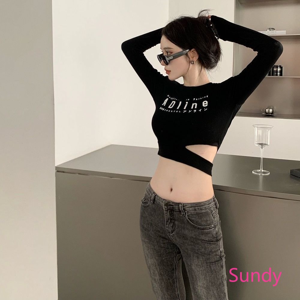 Áo Croptop Tay Dài Cổ Tròn Phong Cách Hàn Quốc Thời Trang Xuân Thu Quyến Rũ Cho Nữ