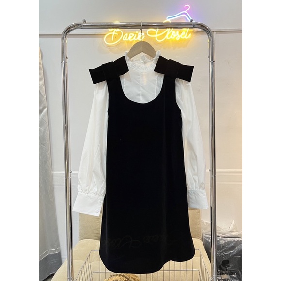 Set váy yếm nhung áo sơ mi tay bồng dáng váy tiểu thư đầm đi chơi