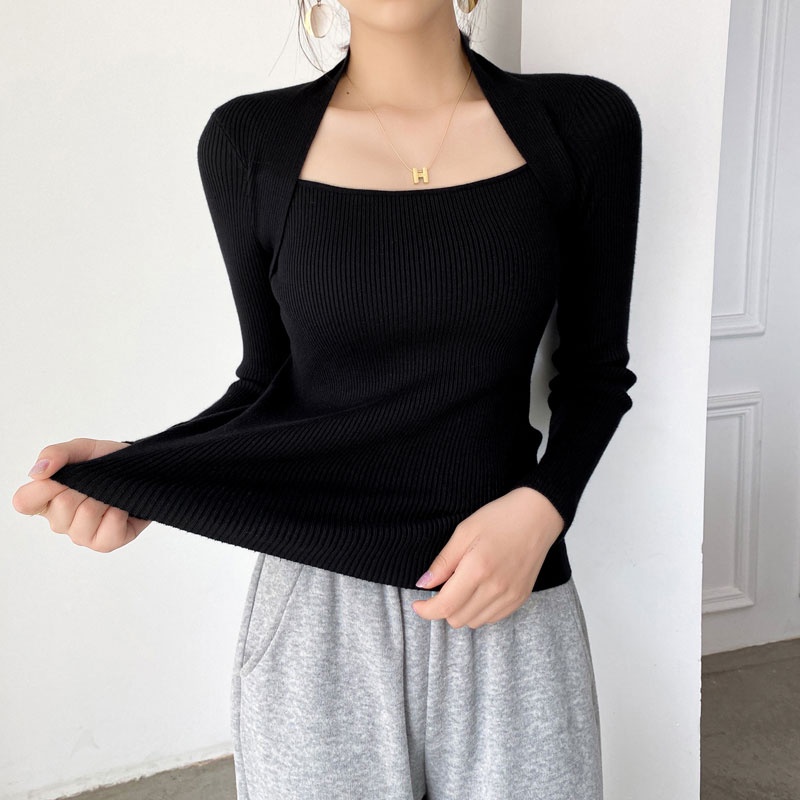 Áo Dệt Kim Tay Dài Cổ Vuông Quyến Rũ Thời Trang Hàn Quốc Cho Nữ