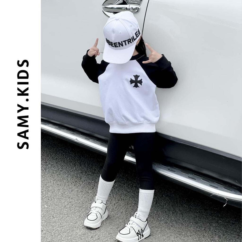 Áo nỉ thu đông cho bé trai gái chất cotton, áo hoodie trẻ em cổ tròn dài tay chữ thập - Samy Kids