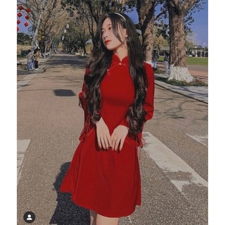 ĐẦM NHUNG CỔ TÀU TAY LOE (KÈM VIDEO HÌNH THẬT)