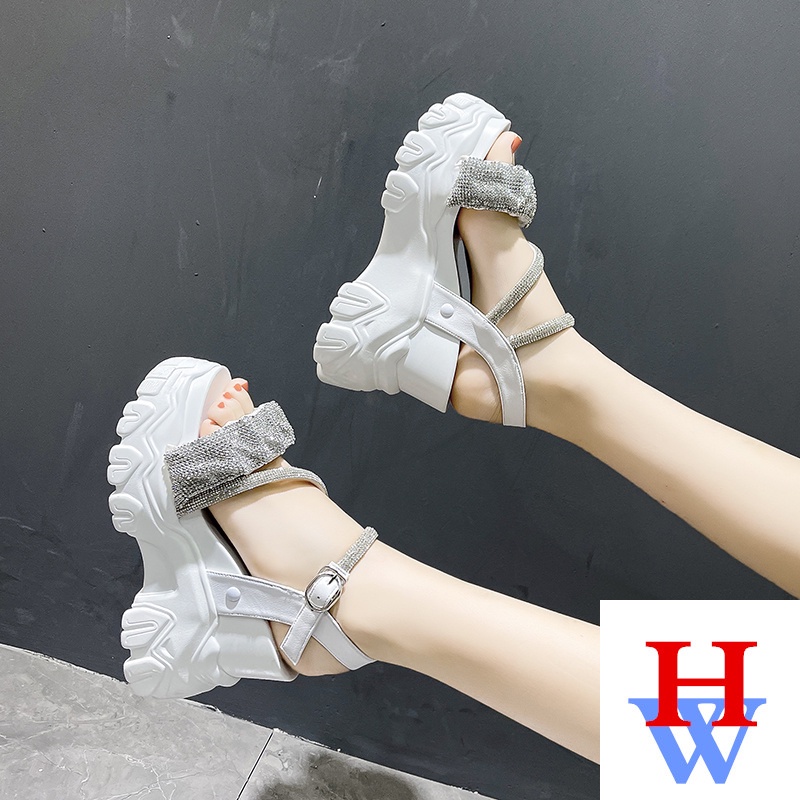 Giày Sandal Thể Thao Đế Xuồng Dày Dặn Đính Đá Phong Cách Thời Trang Mùa Hè Mới 2022