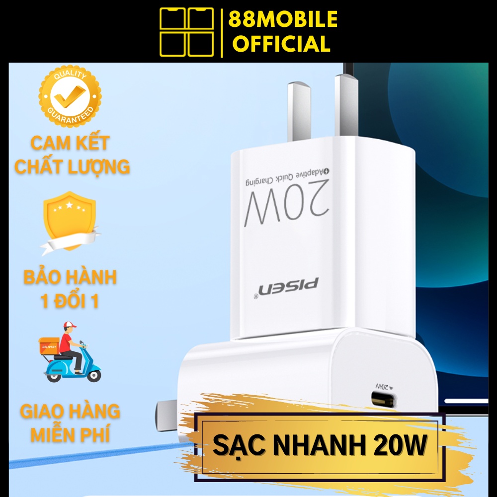 Bộ sạc nhanh 20w Pisen Chuẩn PD Sạc 30 phút lên 65 phần trăm pin gồm Củ Sạc nhanh 20w và Cáp sạc nhanh 20w
