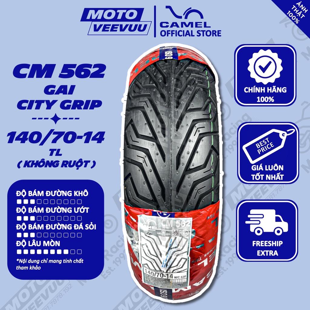 Vỏ lốp xe máy Camel 562 Gai City Grip xe ga NVX 140/70-14 TL (Lốp không ruột)