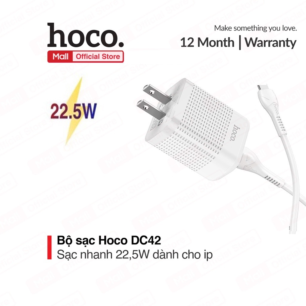 Bộ sạc 22.5W Hoco DC42 1 cổng USB hỗ trợ sạc VOOC kèm dây sạc dài 1M cho 11/12/13