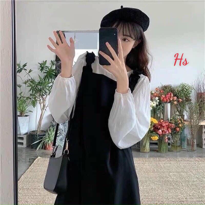 Set Váy Yếm Nhung Nhỏ Xẻ Tà Vintage Xinh Xắn Kèm Áo Thun 2 Màu