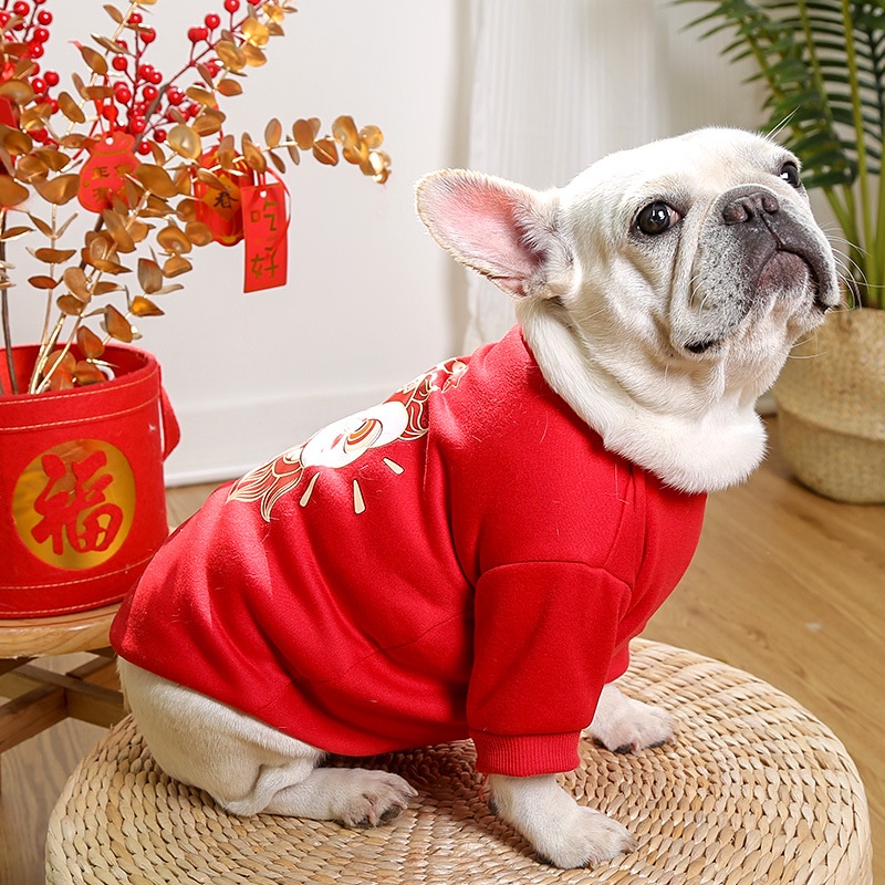 Áo Sweater Đỏ Có Mũ Trùm Ấm Áp Mừng Năm Mới Cho Thú Cưng