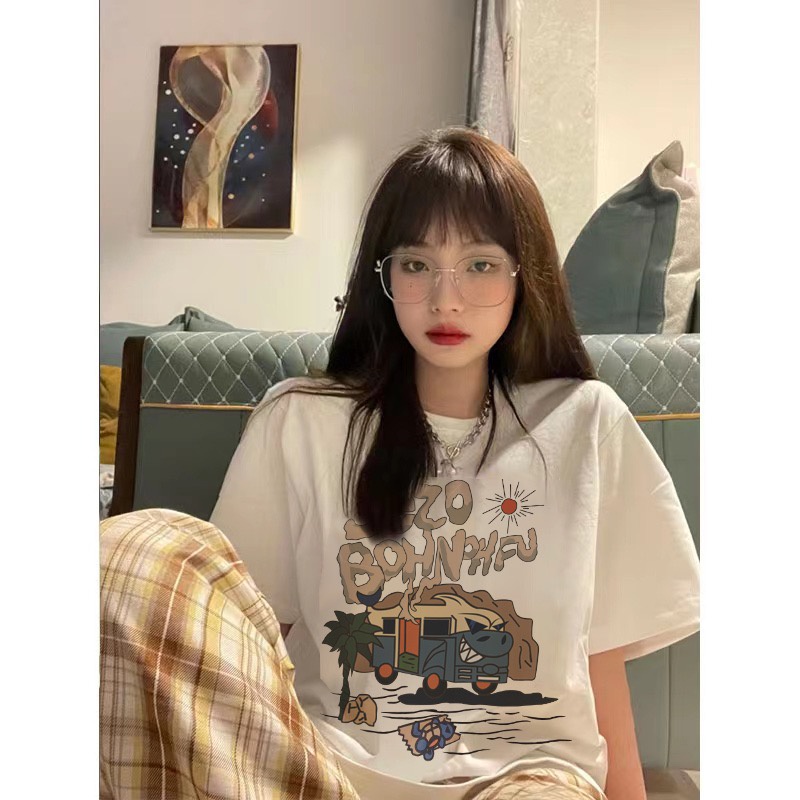 Áo Thun Ngắn Tay Dáng Rộng In Họa Tiết Dễ Thương Phong Cách Hàn Quốc