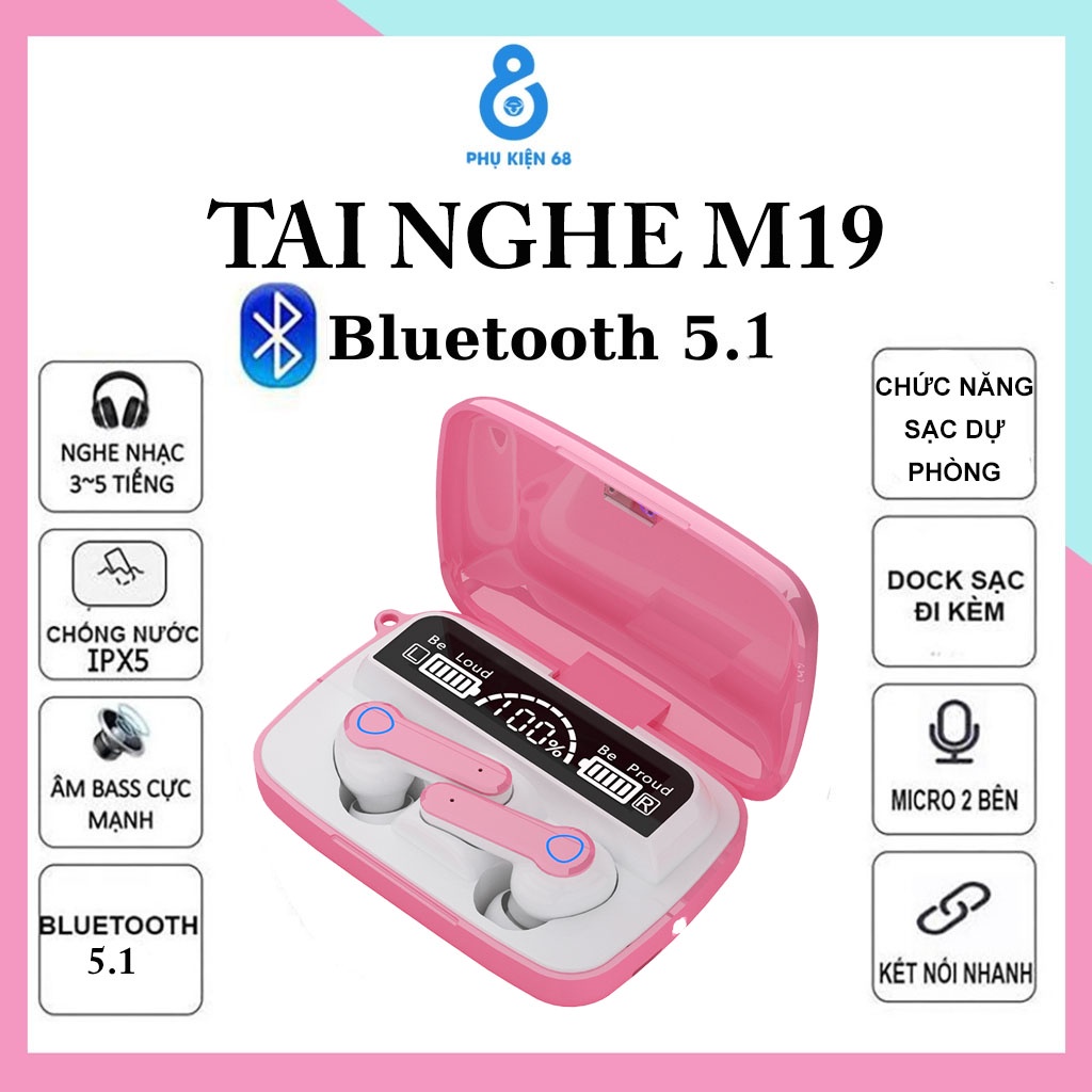 Tai nghe bluetooth M19 V5.1 cao cấp cảm ứng vân tay đàm thoại nghe nhạc chống nước IPX7 kiêm sạc dự phòng