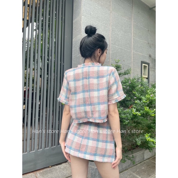 BỘ DẠ CARO ÁO KÈM CHÂN VÁY XẺ XINH XẮN (ẢNH THẬT)