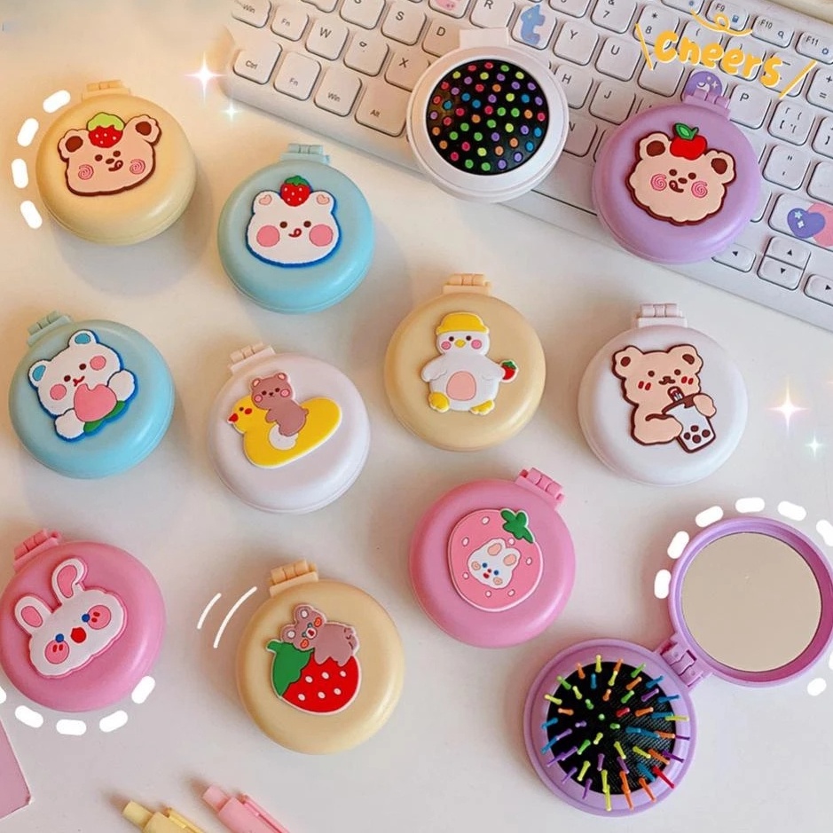 Lược Chải Tóc Mát Xa Da Đầu Bằng Nhựa Có Gương Trang Điểm Hình Hoạt Hình Ba Chiều Dễ Thương