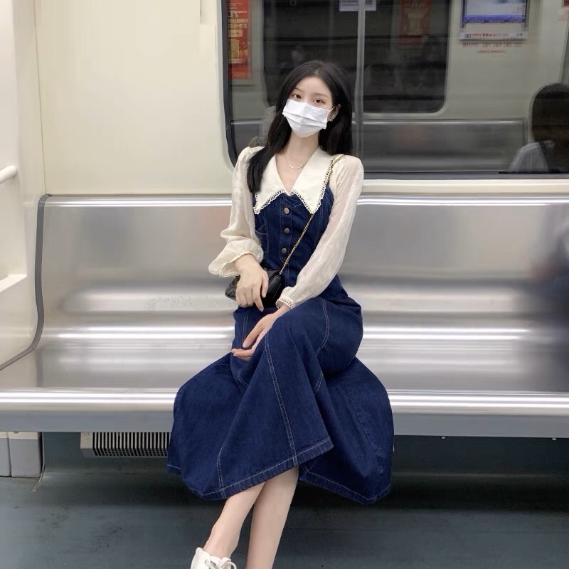 ( Sẵn ) Set váy yếm jeans dáng dài kèm sơmi cổ bèo thanh lịch phong cách Hàn quốc đi học đi chơi đi làm by Moe Order