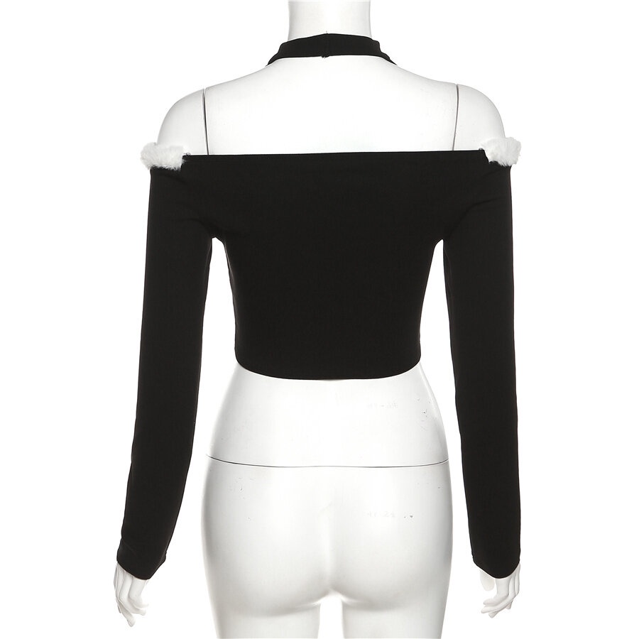 Weird Puss Áo Croptop Trễ Vai Tay Dài Phối Lông Thời Trang Quyến Rũ Cho Nữ