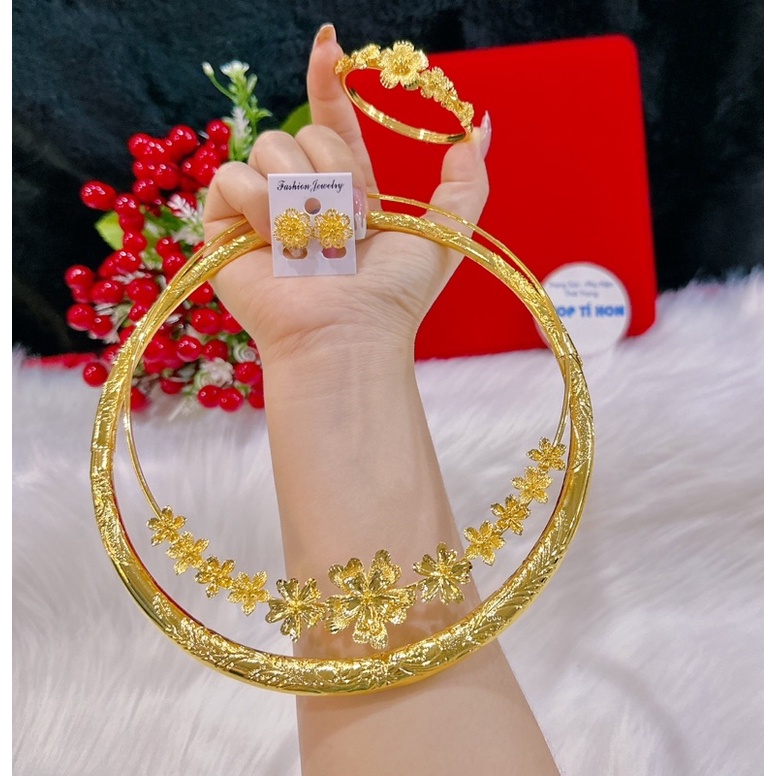 set nguyên bộ trang sức cưới dát vàng 24 cao cấp 4 món mẫu mới cực đẹp ( có tặng kèm hộp nhung đỏ đựng cưới )