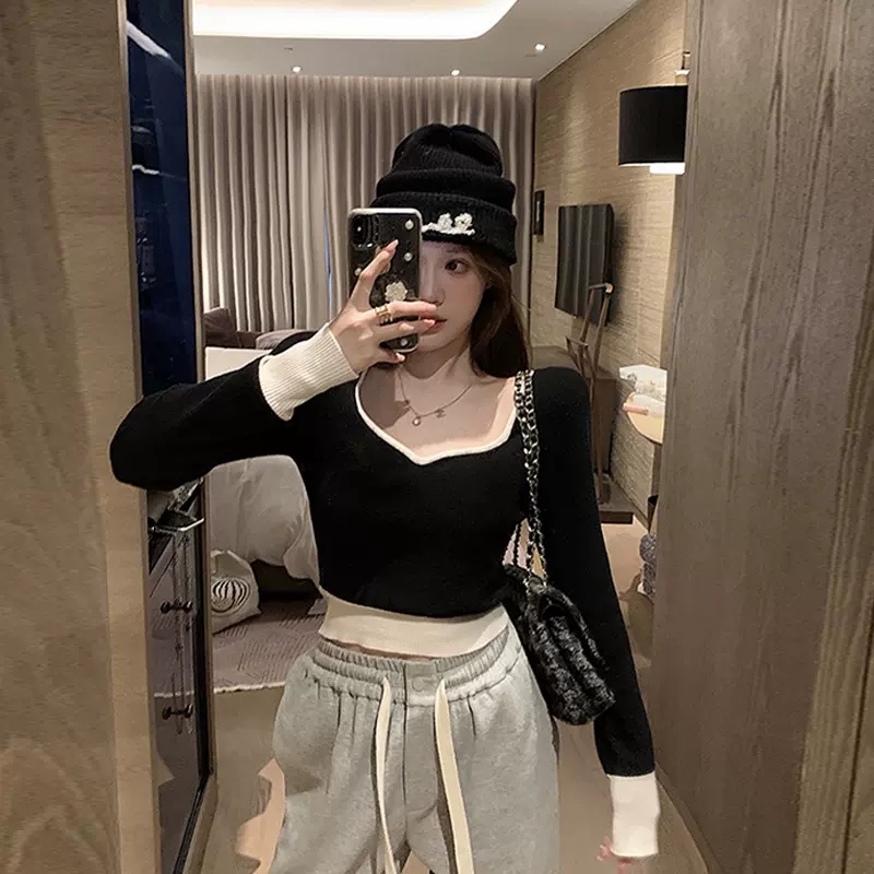 Áo Sweater Dệt Kim Tay Dài Cổ Polo Màu Sắc Xinh Xắn Cho Nữ